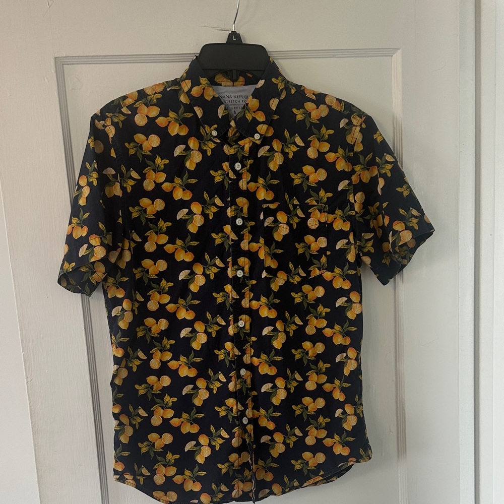 Banana Republic Black Short-Sleeve Button-Down with Yellow Lemon Print